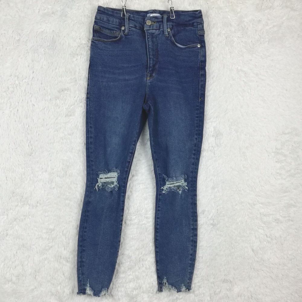 Good American Womens Jeans Skinny Ankle Denim Raw Hem Ripped Indigo Wash Blue 4